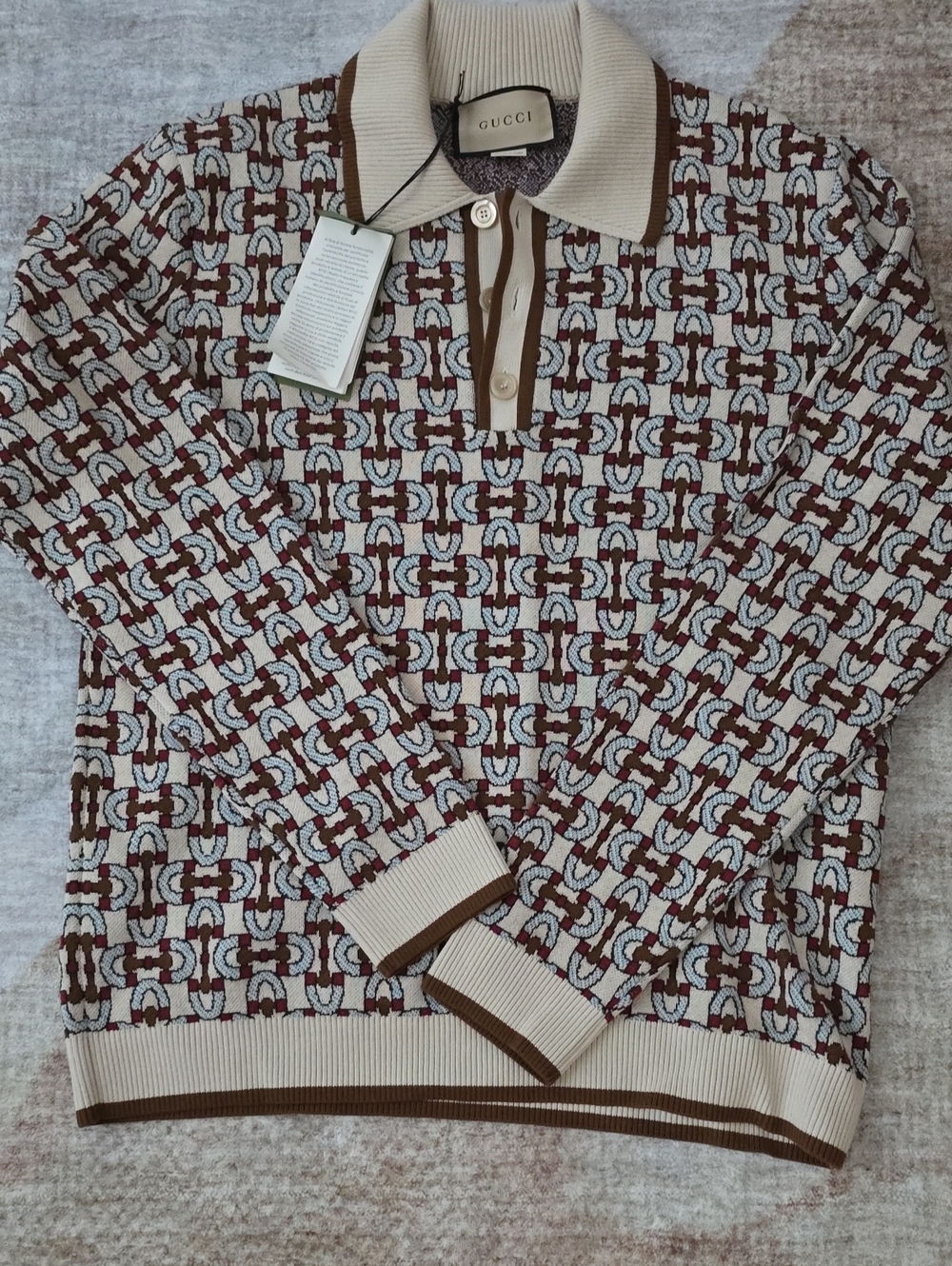 Gucci Beige and Brown Interlocking Logo V-Neck Polo Sweater